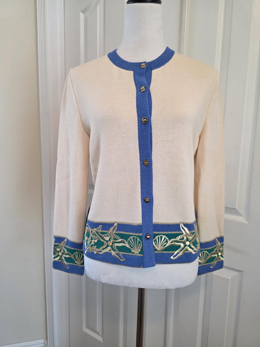 St John Marie Gray Vintage Santana Knit Nautical Cardigan Starfish Size 4